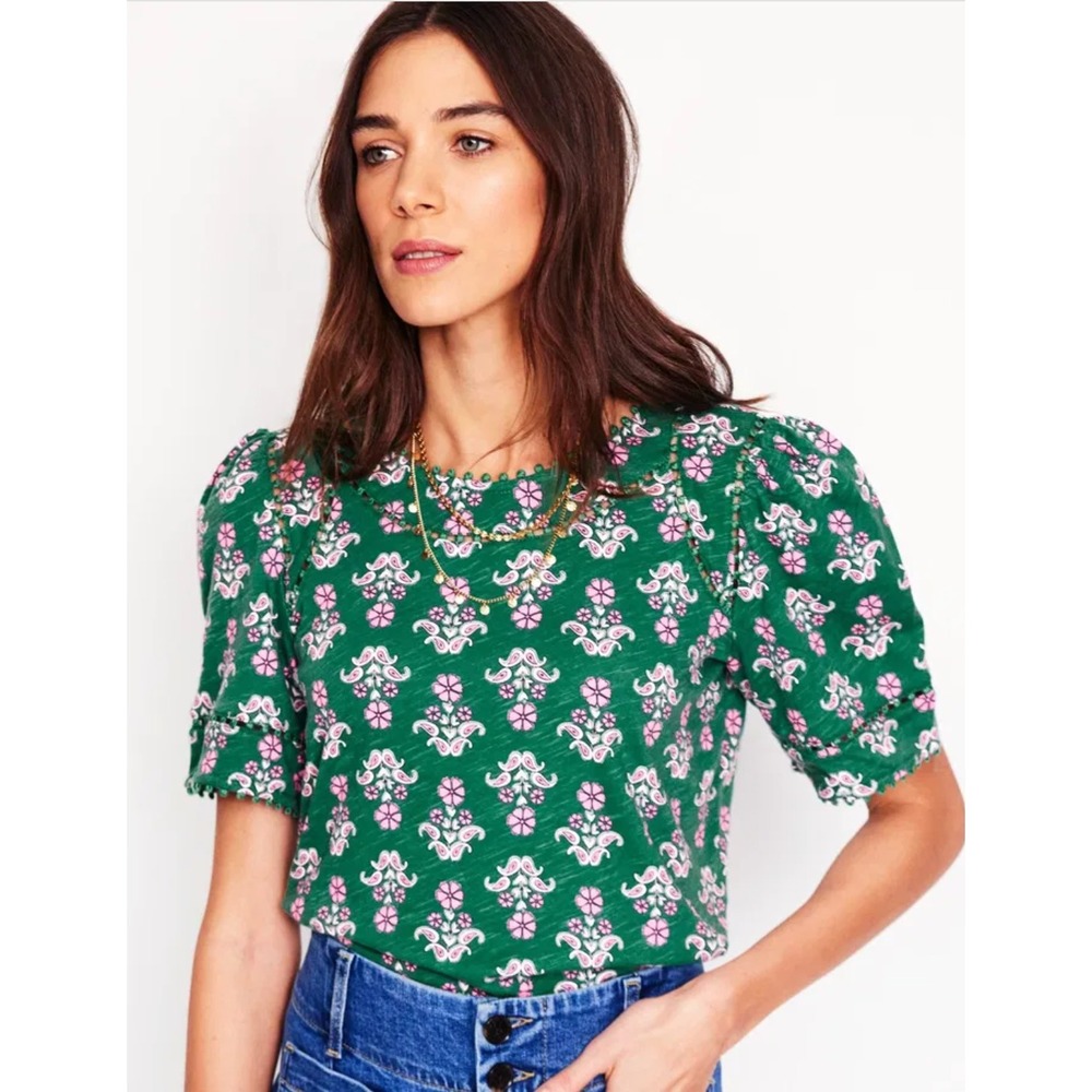 Boden Mila Trim Detail Top Size 8 Green Floral Pom Pom Ladder Lace Short Sleeve